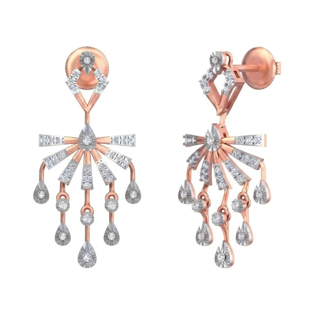 Pair of rose gold and diamond teardrop-shaped earrings on a white background