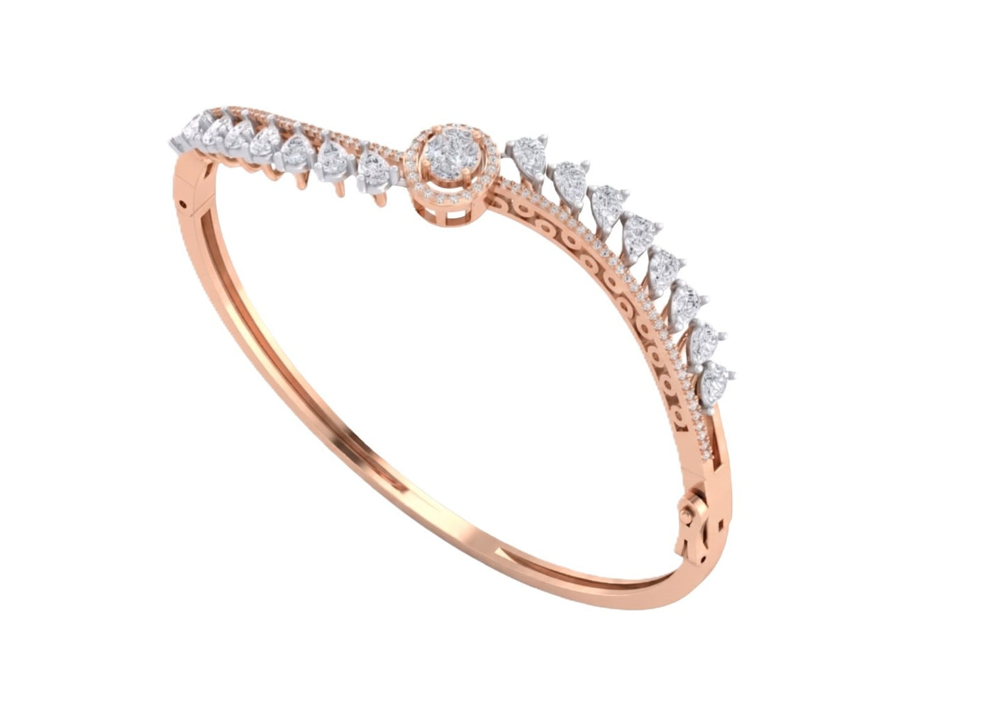 Rose gold bangle bracelet with round halo diamond centerpiece and pear-cut diamond accents.
