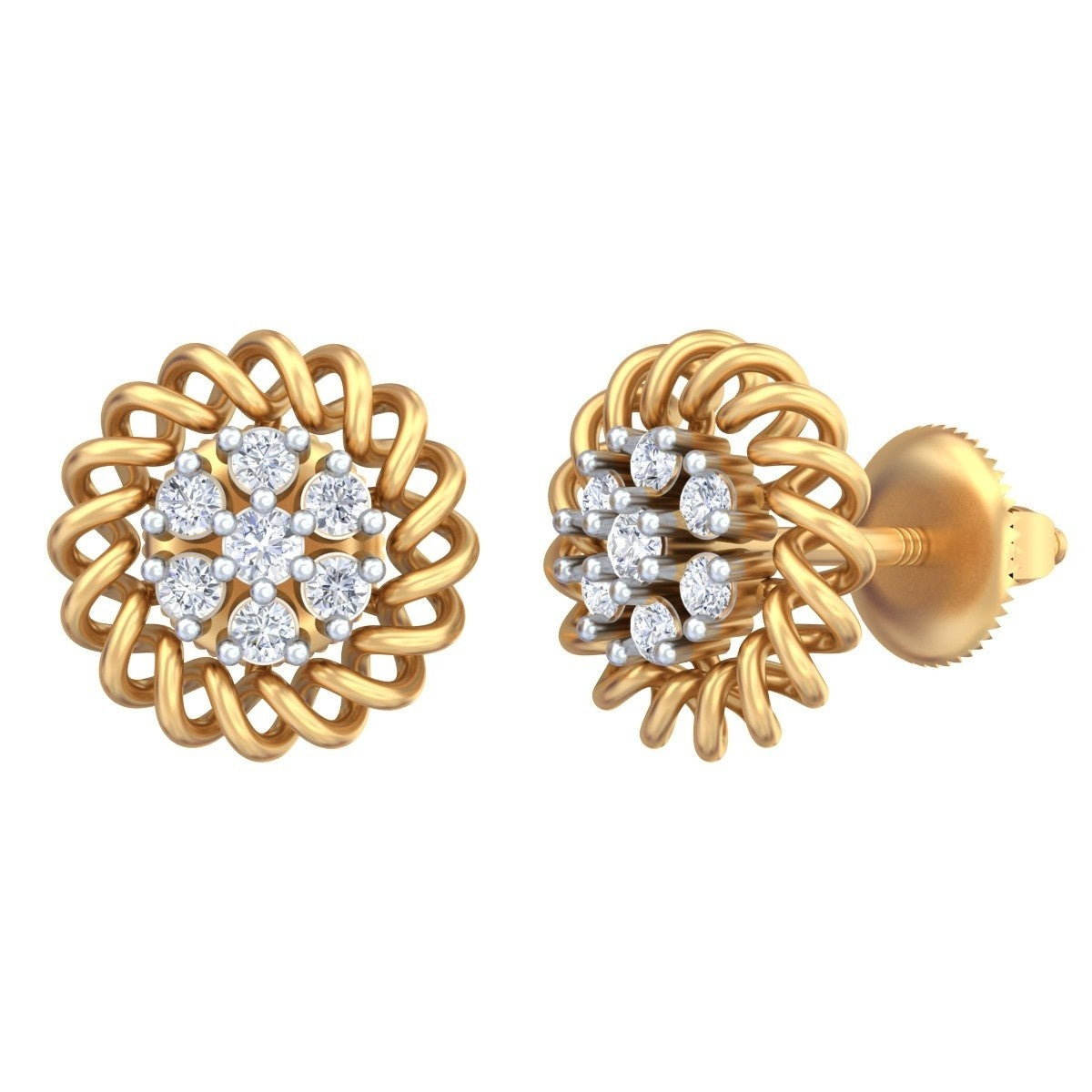 A pair of yellow gold and diamond stud earrings with a braided circular design on a white background.