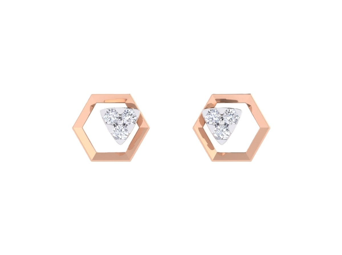 Rose gold and diamond stud earring on a white background.