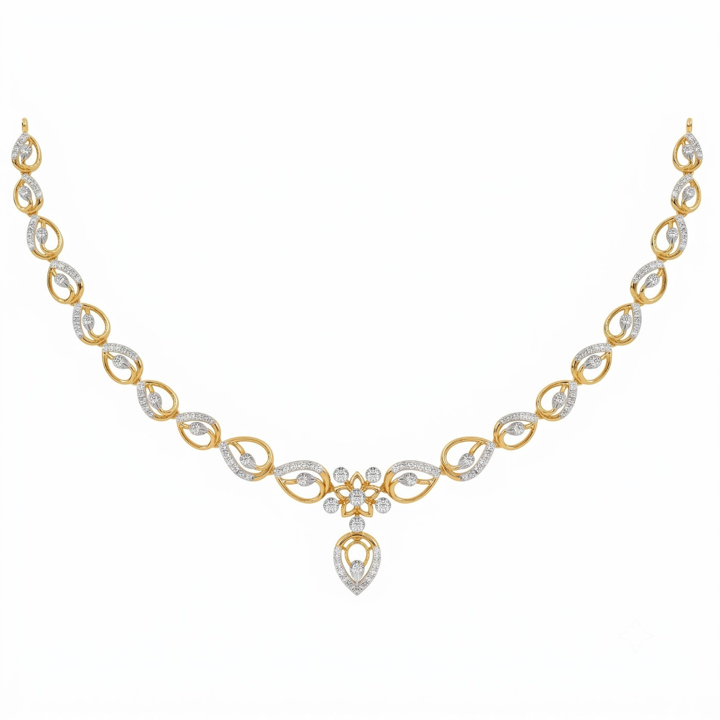 A yellow gold and diamond necklace with a teardrop-shaped, displayed on a solid white background.