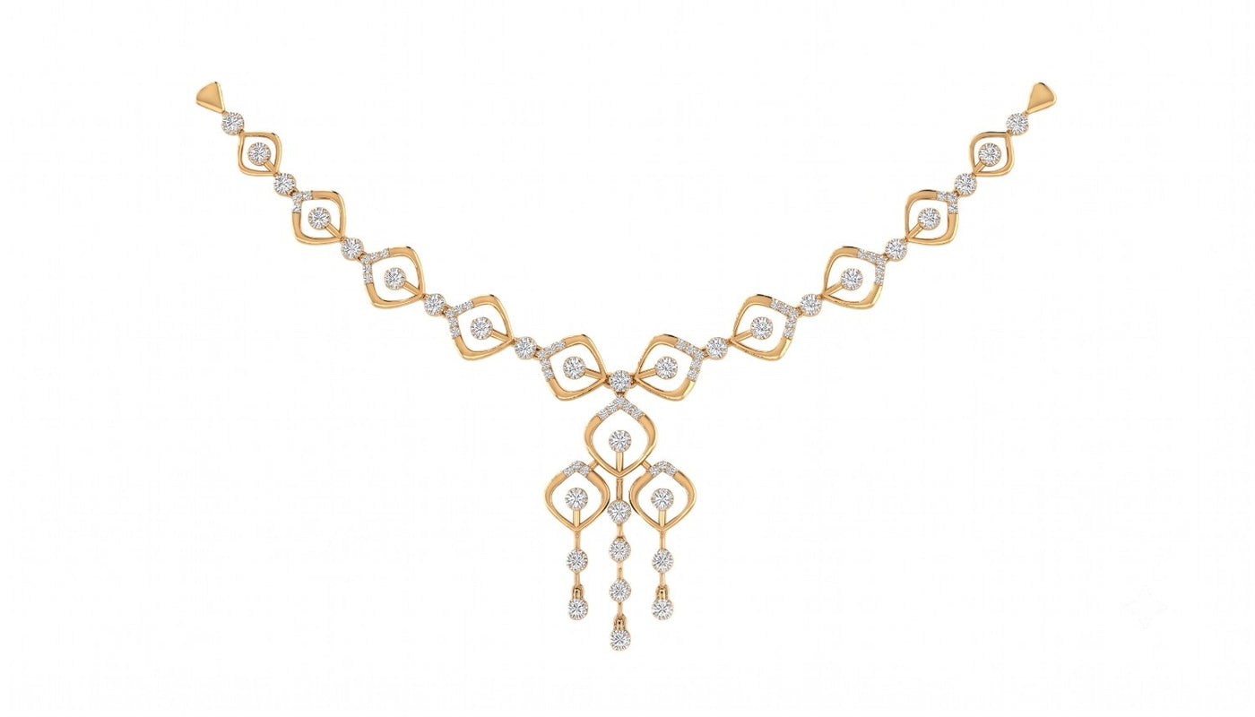 A yellow gold and diamond necklace with a geometric style design, featuring a central motif and dangling elements, shown on a plain white background.