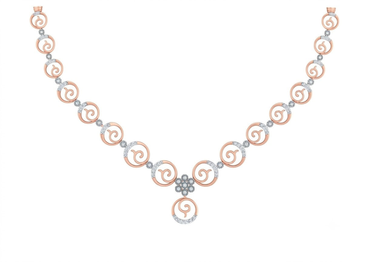 A rose gold and diamond necklace featuring repeating circular motifs and a central flower-like cluster, displayed on a clean white background.