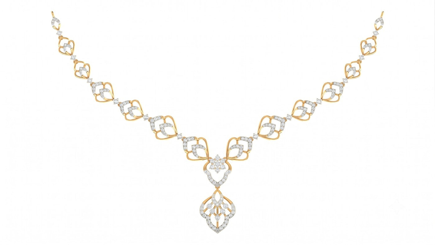 Yellow gold and diamond necklace with clear diamonds, featuring a floral design, shown on a plain white background.