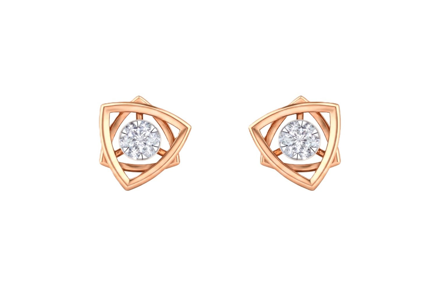 Rose gold and diamond stud earrings on a white background.