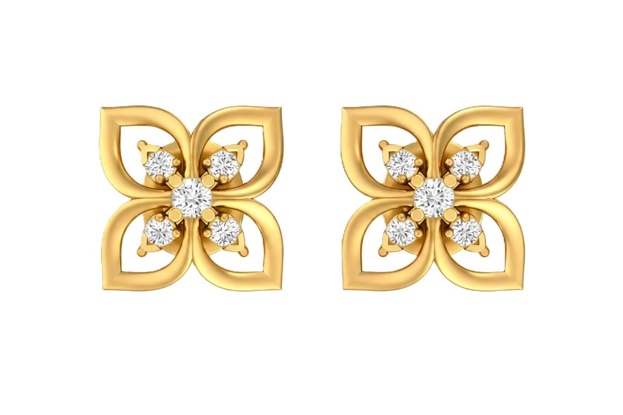 yellow gold and diamond earrings with floral design on a white background