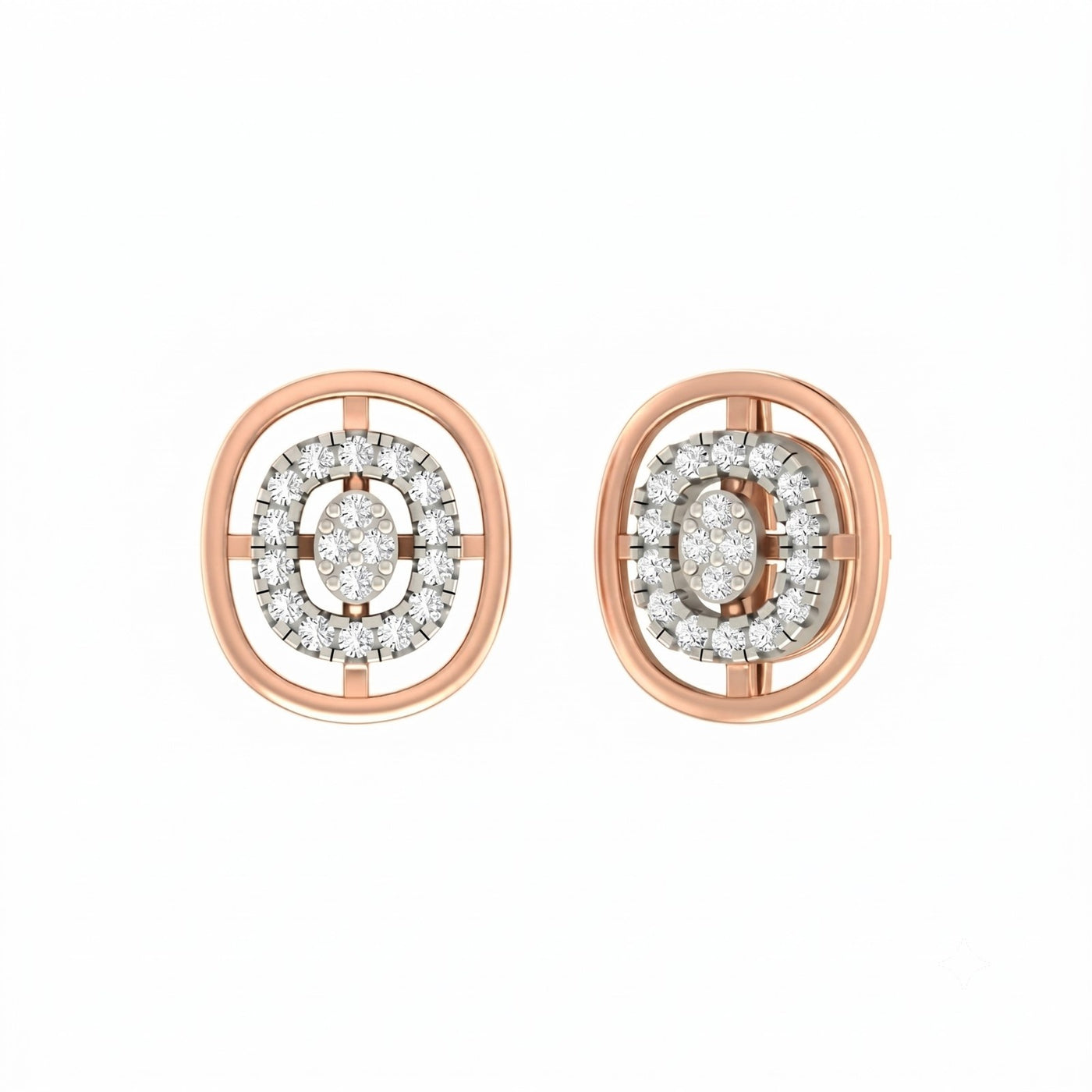 Rose gold and diamond stud earrings with halo-design on a white background