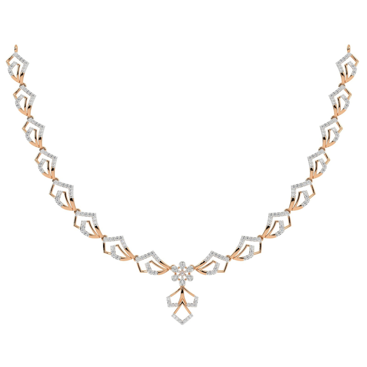 A rose gold and diamond necklace, displayed on a solid white background.