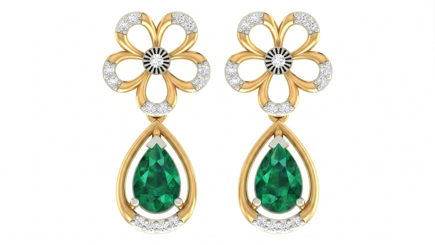 Yellow Gold and diamond drop earrings with emerald gemstones on a white background