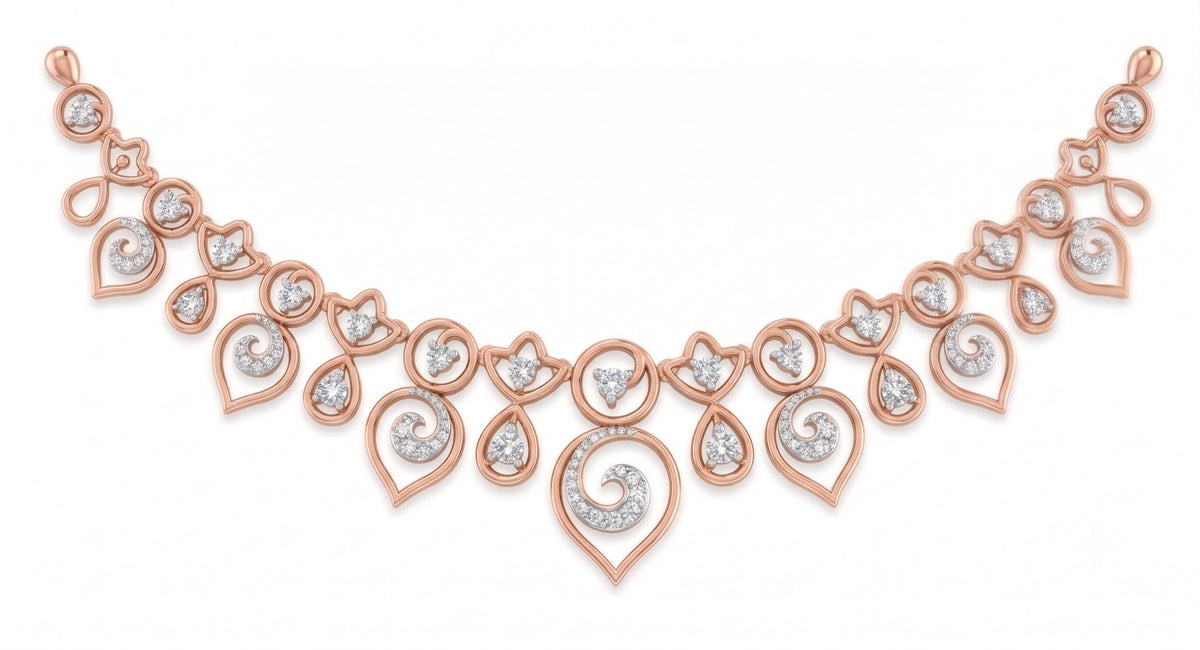 Rose gold necklace with diamonds on a white background.