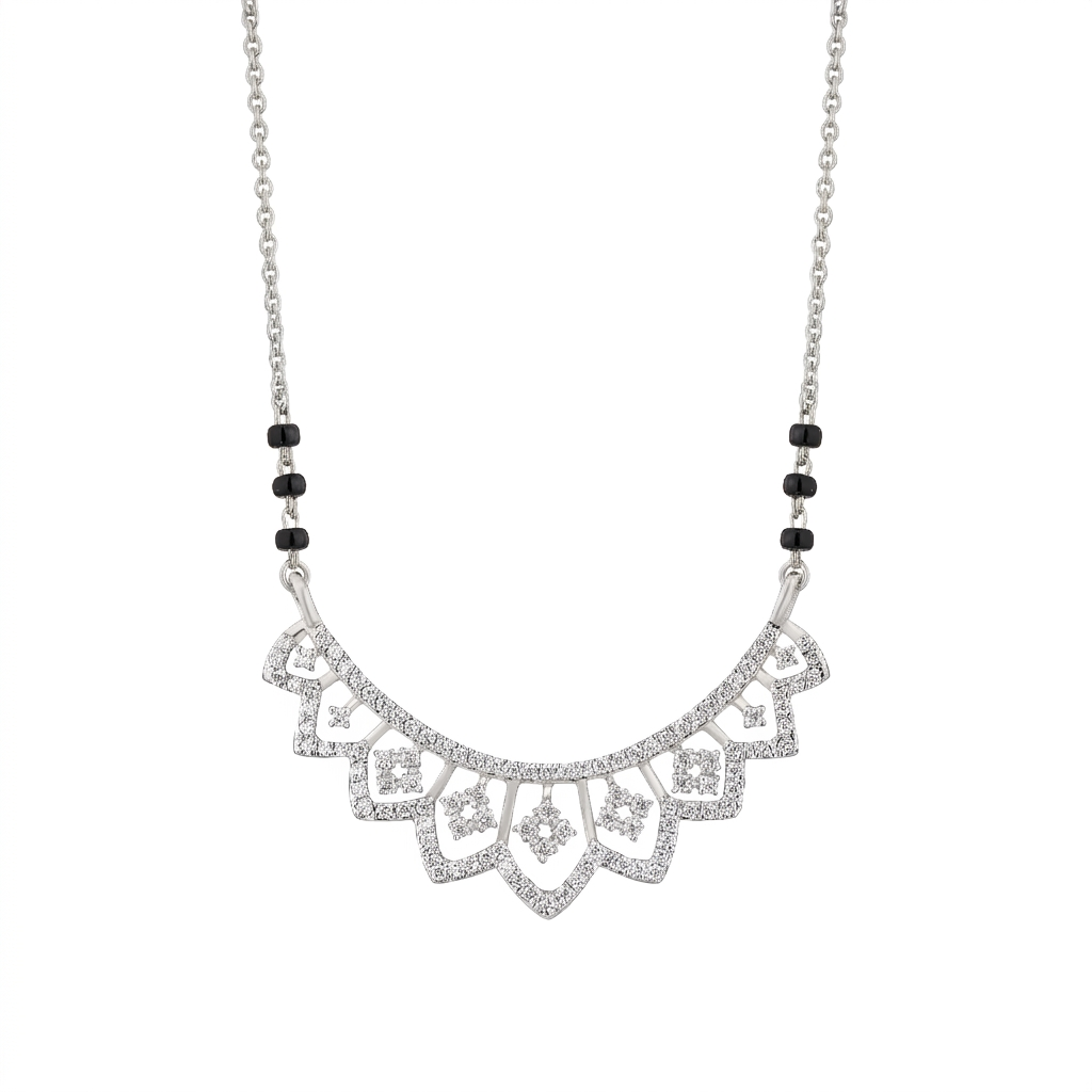 White gold and diamond mangalsutra with gemstones on a white background