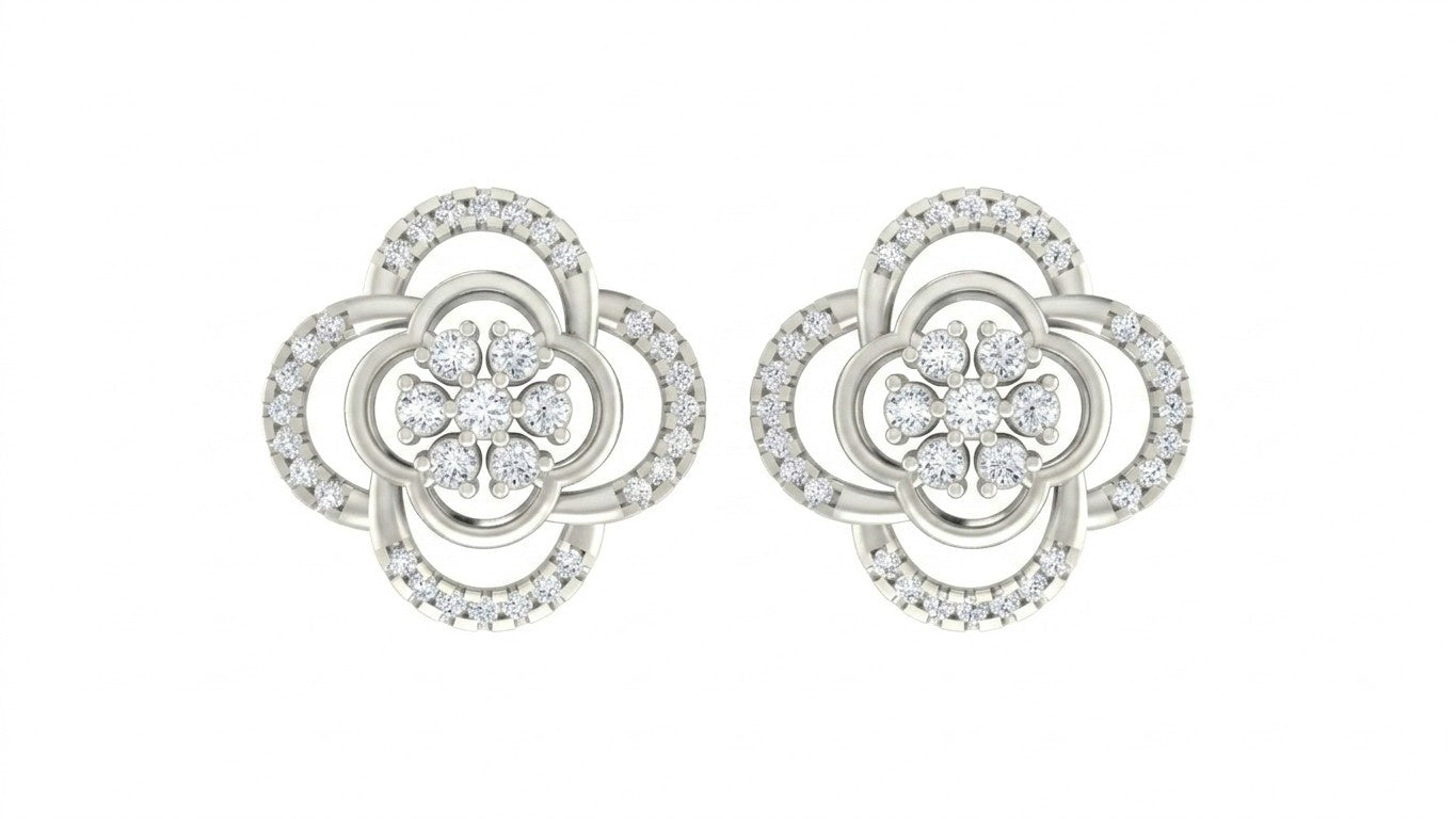White gold and diamond stud earring with floral-shaped on a white background.