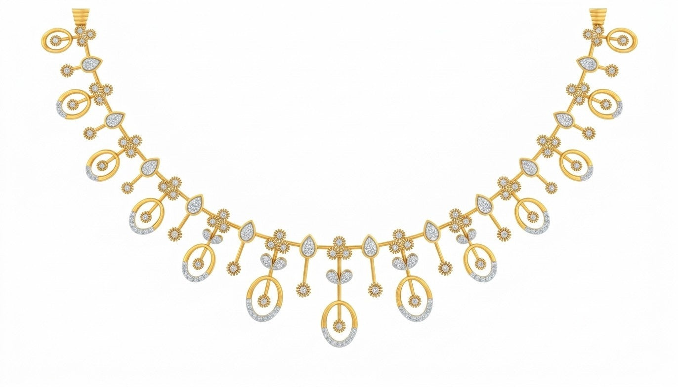 Yellow gold necklace with floral designs on a white background