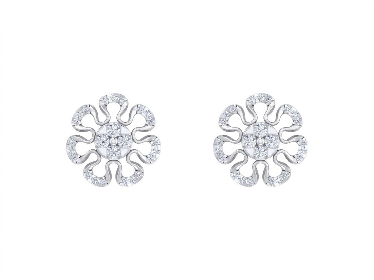 White gold and diamond stud earring with floral-design on a white background.