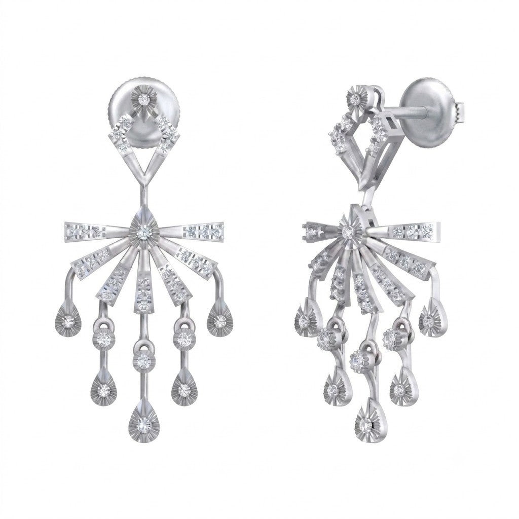 Pair of white gold and diamond teardrop-shaped earrings on a white background