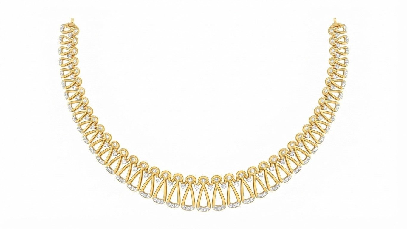 A yellow gold and floral necklace with a repeating pattern of teardrop-shaped, displayed against a solid white background.