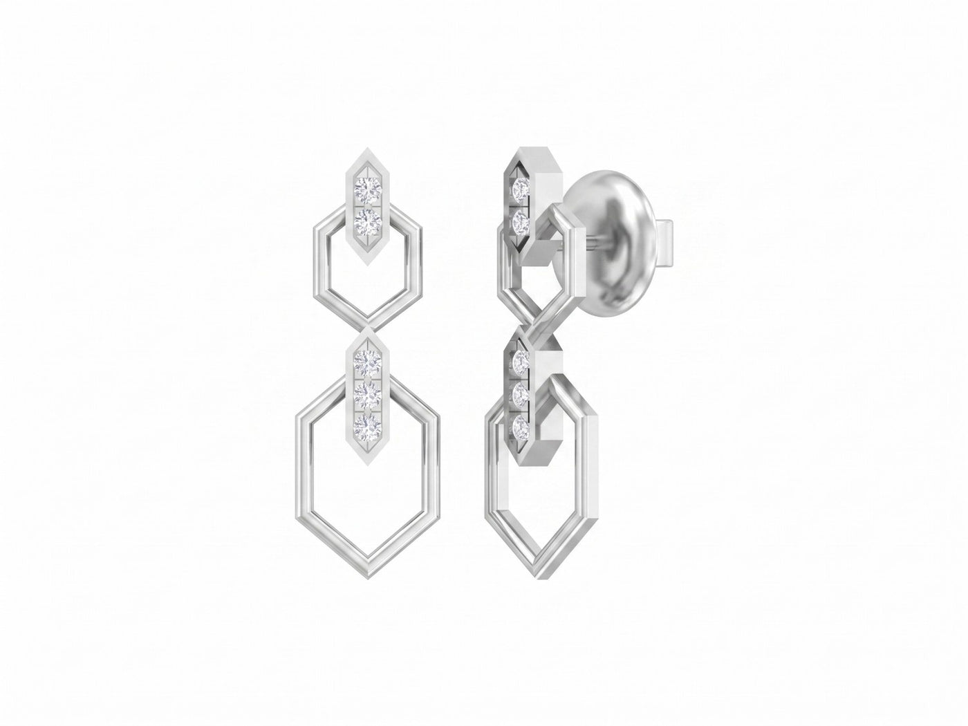 White gold an diamond drop earring on a white background.
