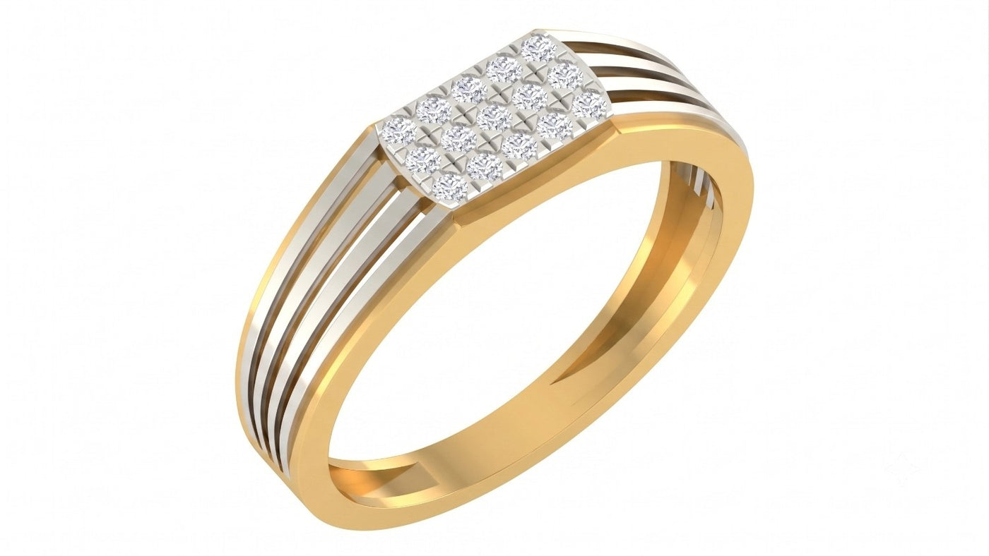 Yellow gold and diamond band ring for men with diamond cluster on a white  background.