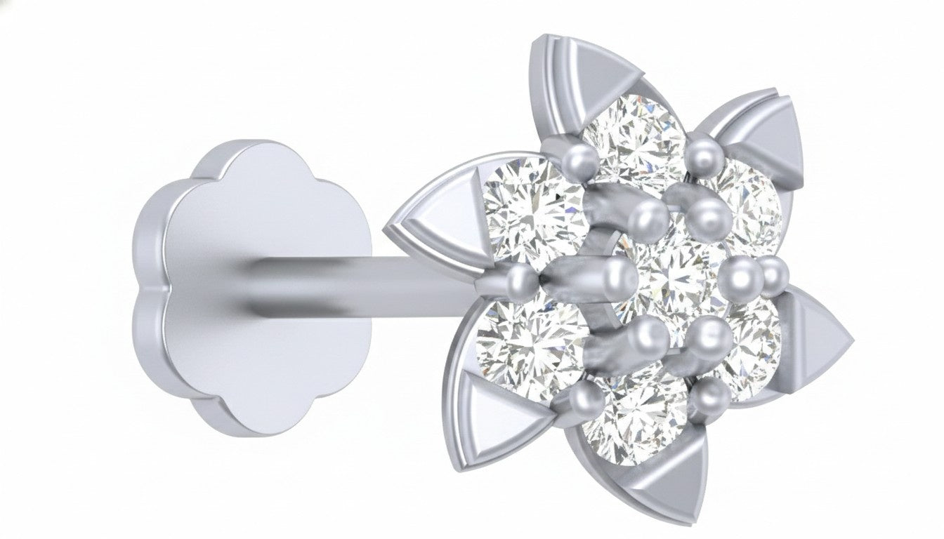 white gold and diamond stud nose pin on a white background