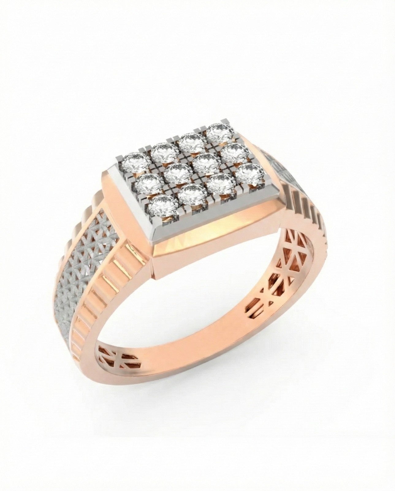 Two-tone ring with gold and diamond-studded top on a white background
