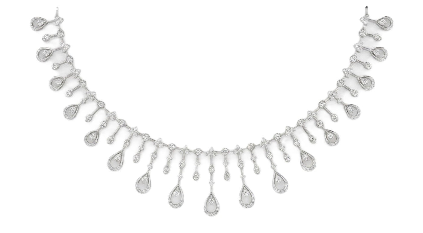 White gold necklace with teardrop-shaped on a white background