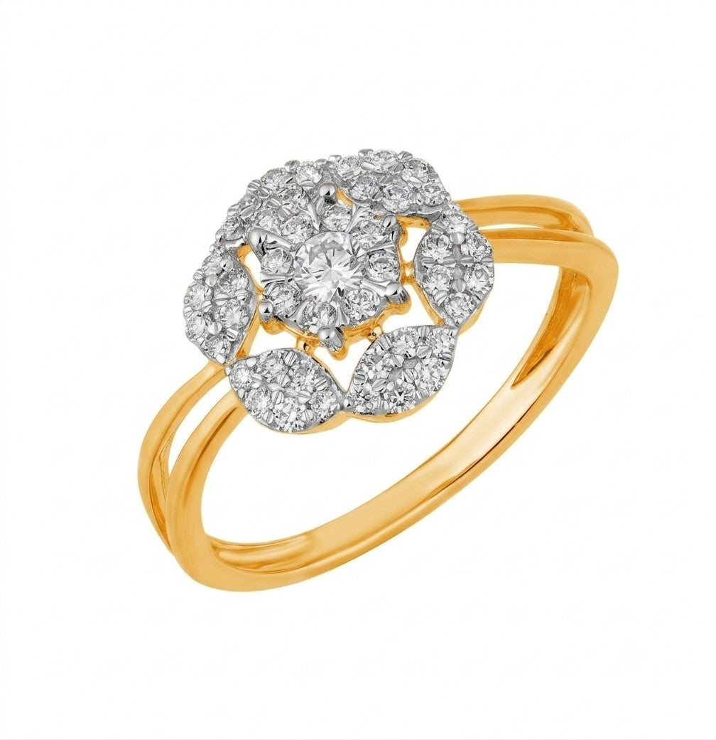 A yellow gold ring featuring a floral-shaped cluster of pavé diamonds, set against a plain white background.
