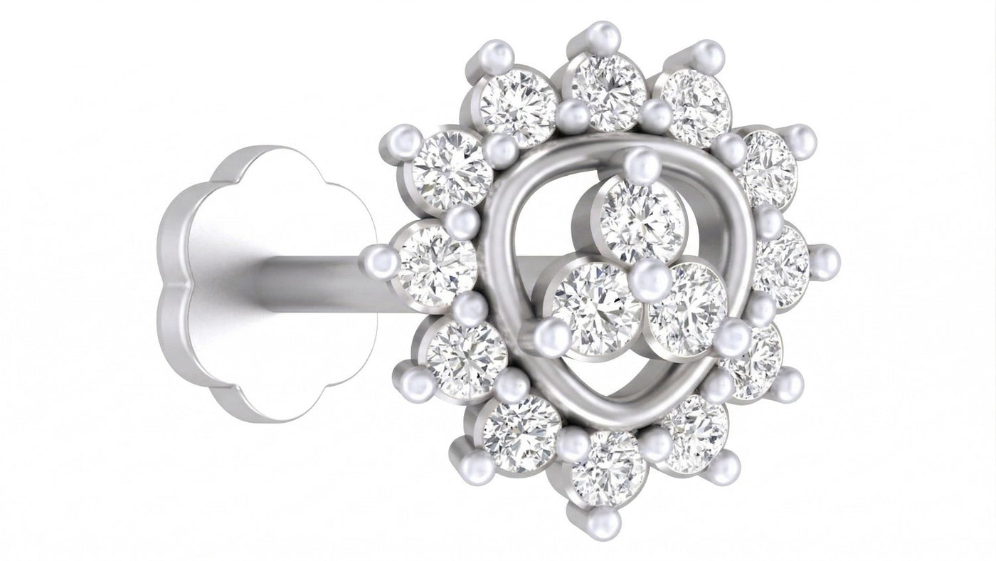 White Gold and diamond stud nose pin accents on a white background