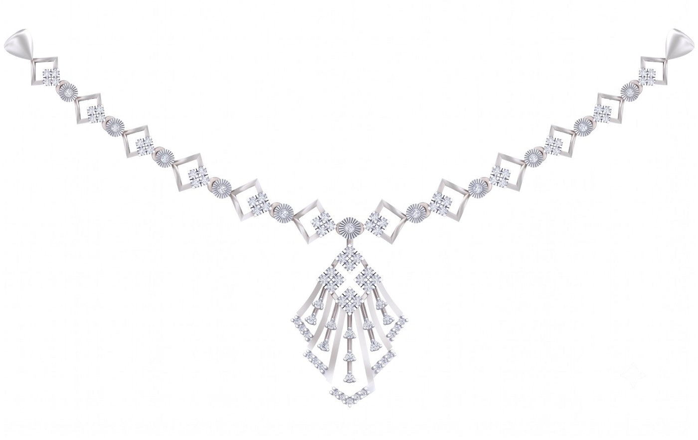 A white gold and diamond necklace with a geometric style, displayed on a solid white background.