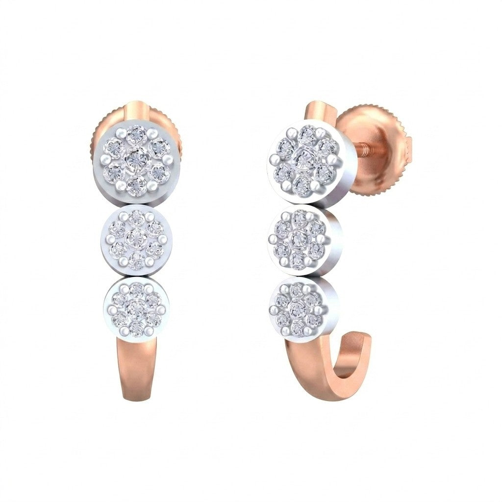 Rose gold and diamond half hoop earring on a white background.