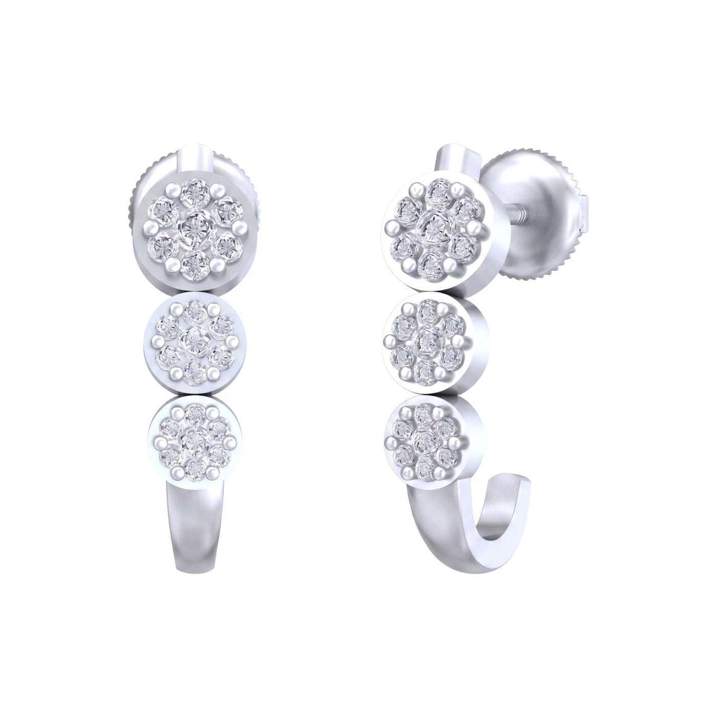 White gold and diamond half hoop earring on a white background.