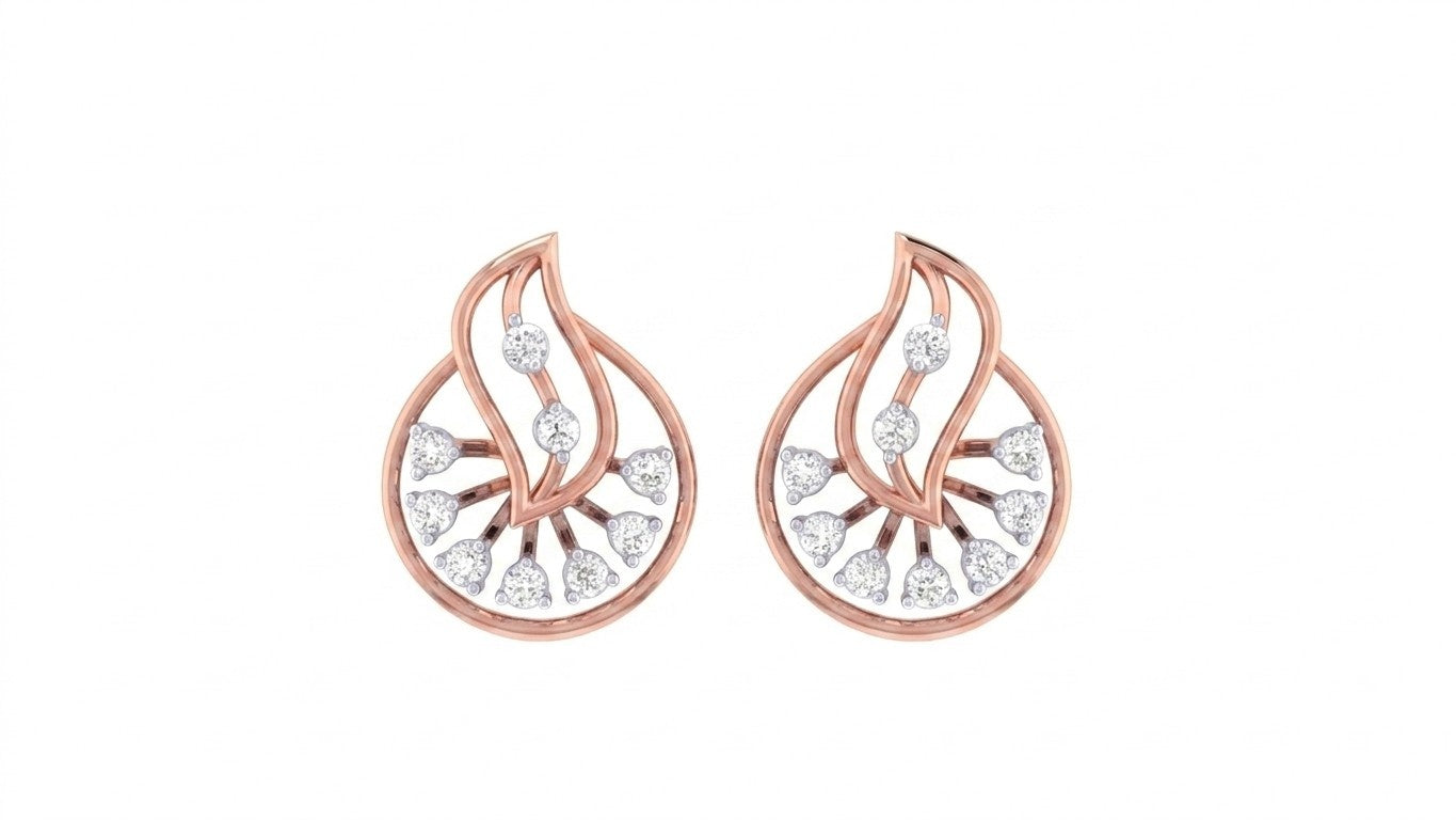 Pair of rose gold and diamond round shaped stud earrings with leaf-design on a white background.