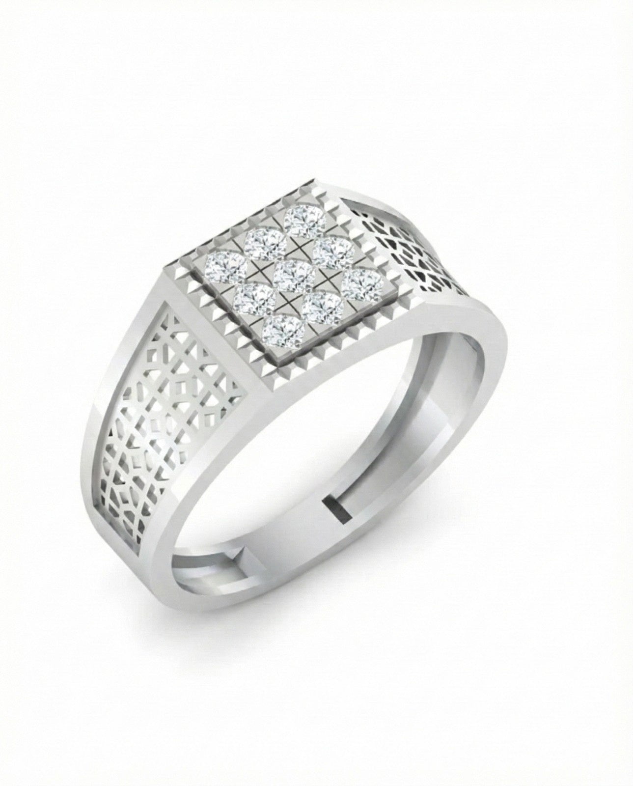 White gold ring with diamond accents on a white background