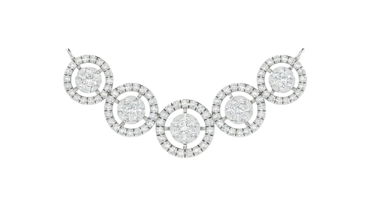 A diamond mangalsutra featuring five connected circular clusters, each with a central round diamond surrounded by a halo of smaller diamonds, set in a silver-toned metal on a plain white background.