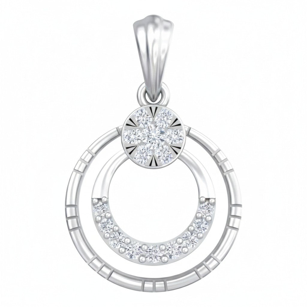 white gold pendant with circular design and embedded stones on a white background