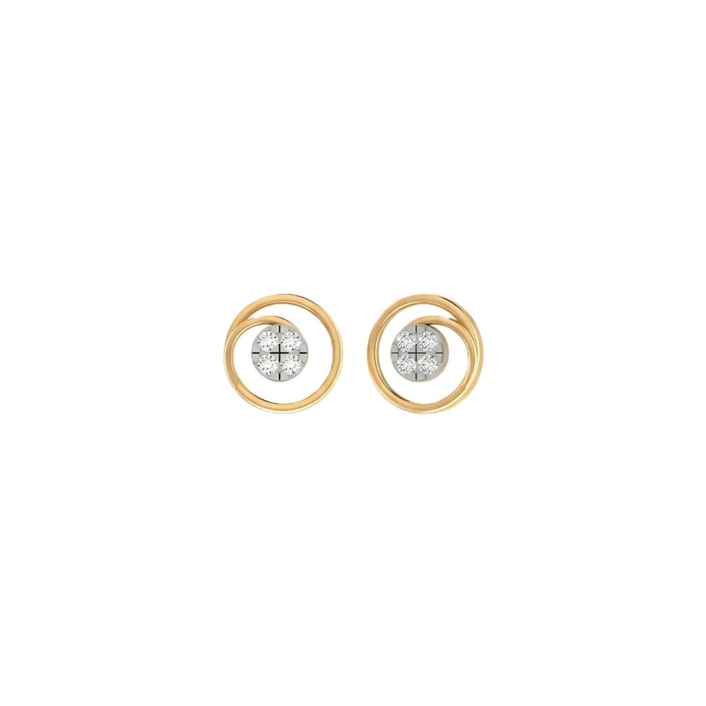 Yellow gold and diamond stud earrings with circular design on a white background