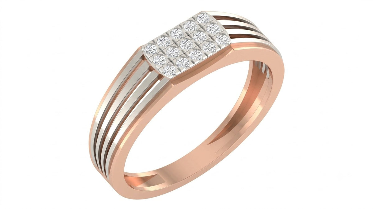 Rose gold and diamond band ring for men with diamond cluster on a white  background.