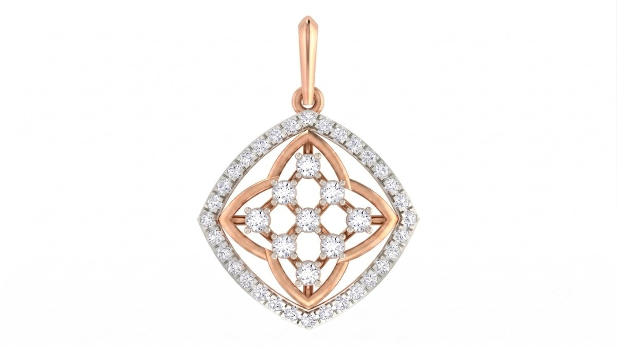 Rose gold and diamond floral pendant on white background