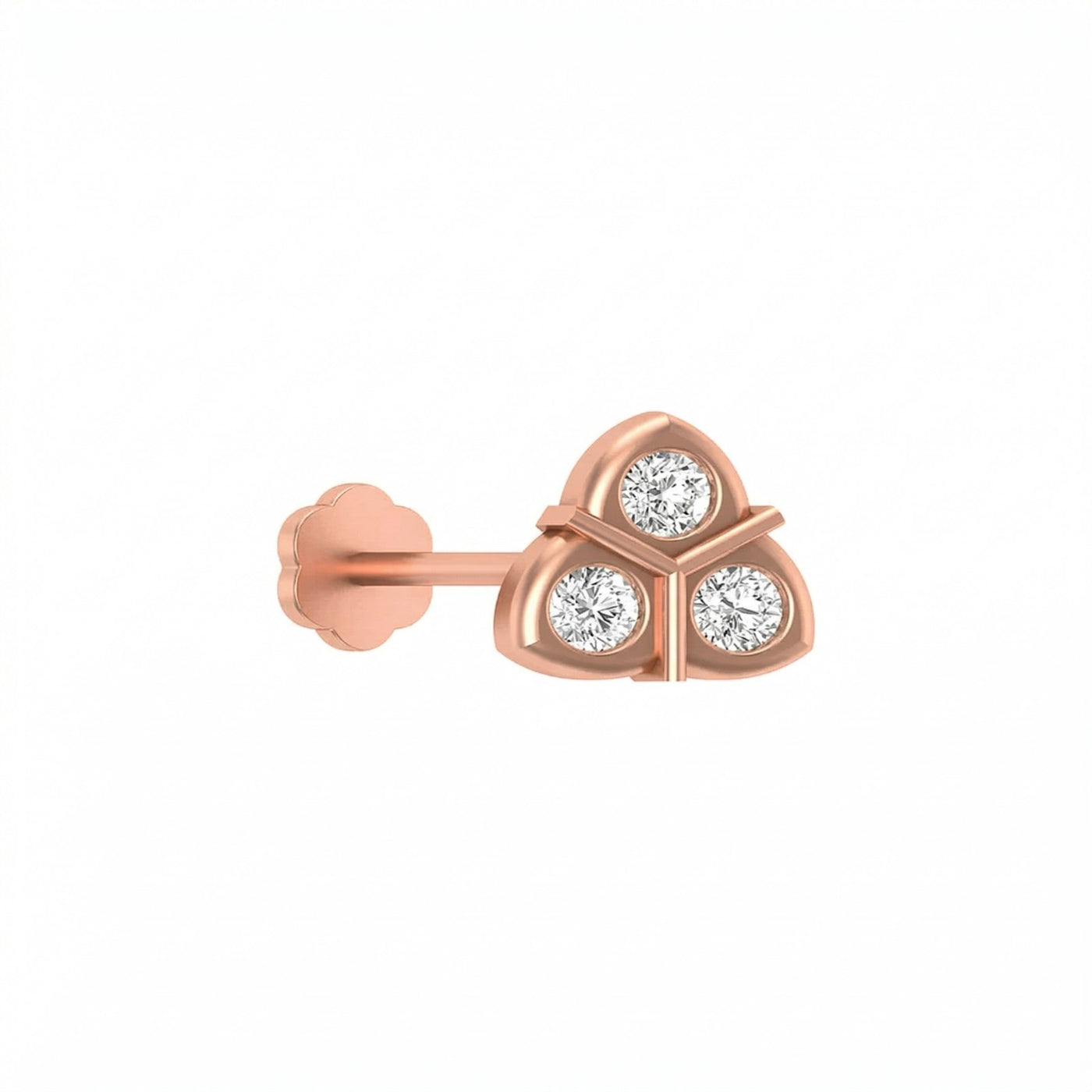 Rose gold and diamond stud nose pin with three clear gemstones on a white background