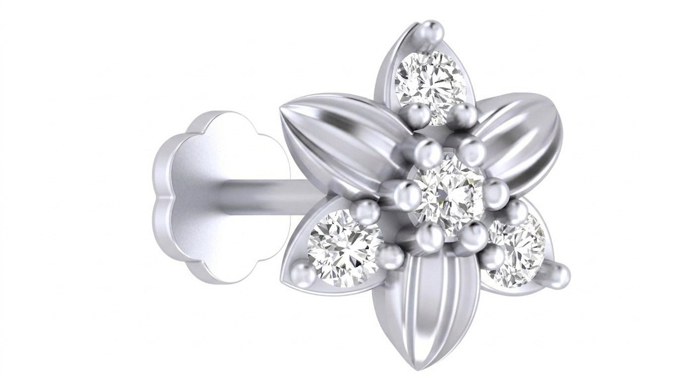 White Gold and diamond stud nose pin accents on a white background