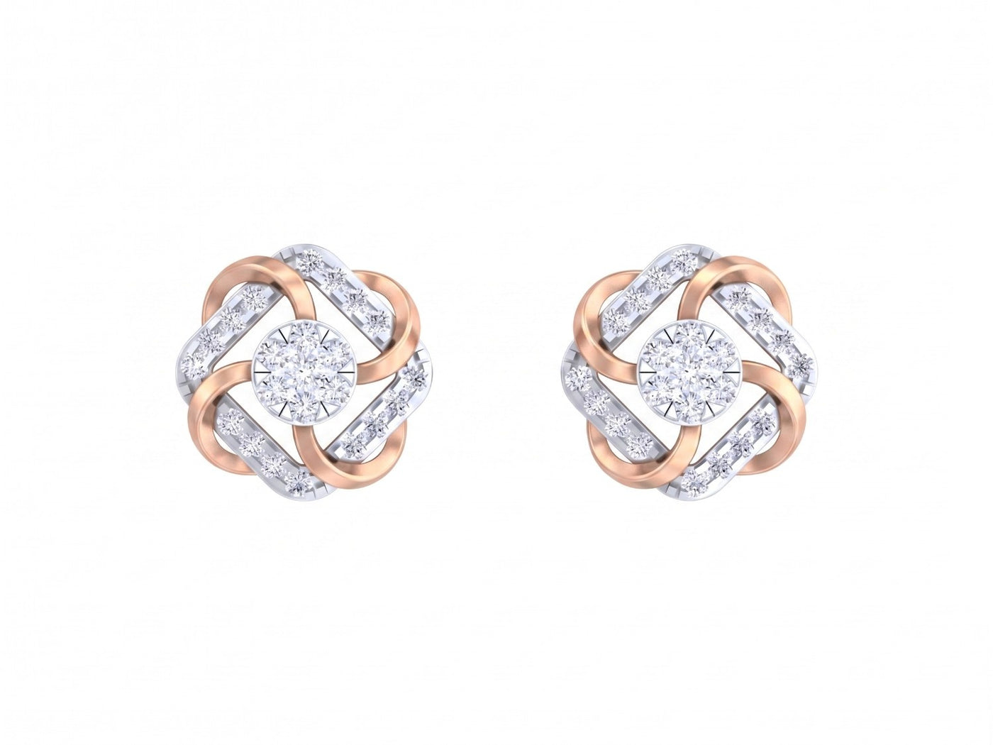 Pair of rose gold and diamond stud earrings on a white background