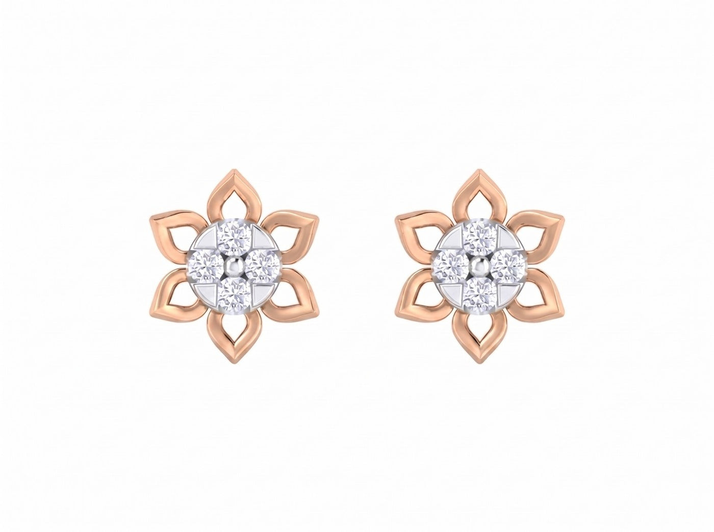 Rose gold and diamond floral earrings on a white background.
