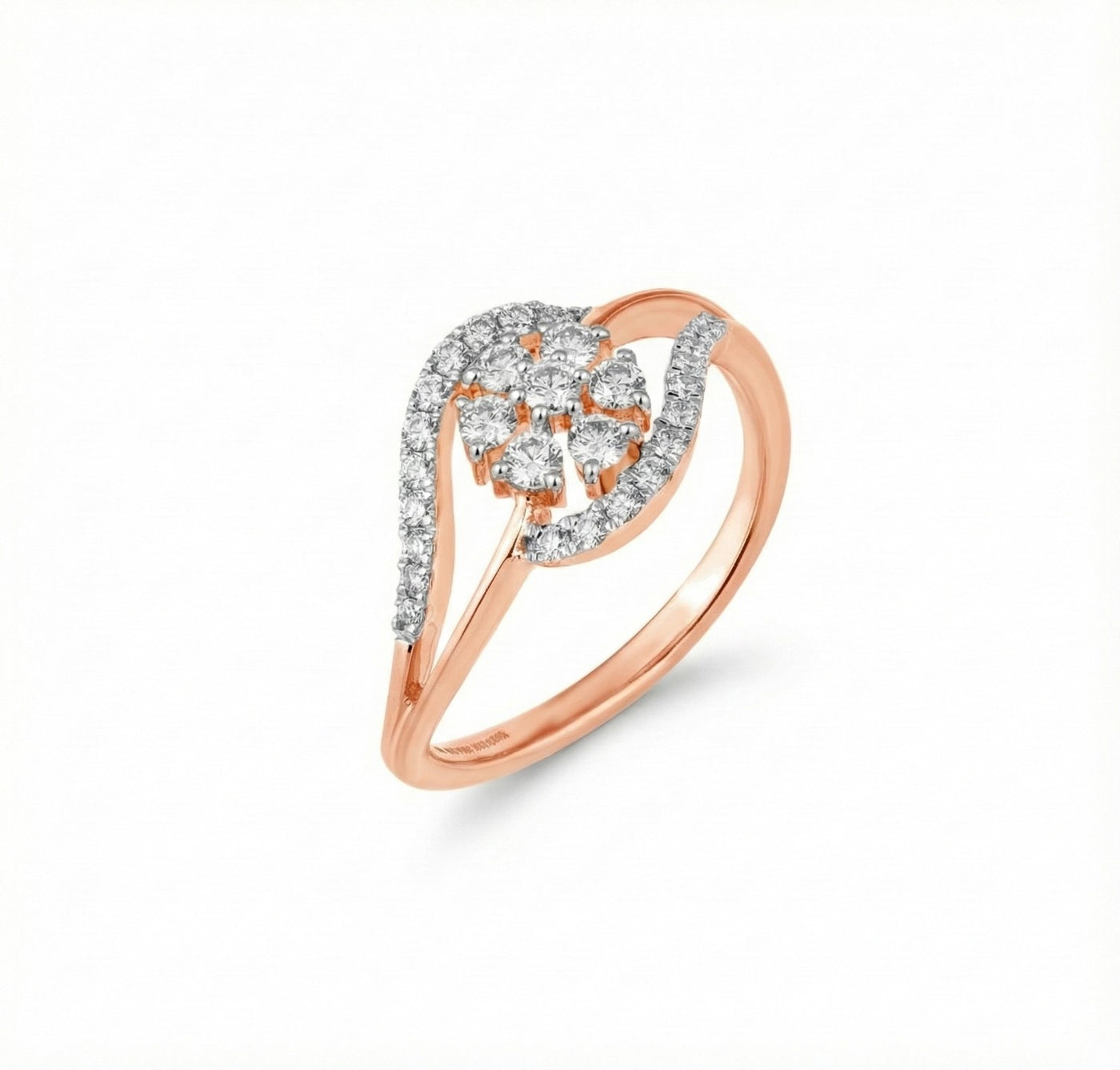 Rose gold ring with diamond accents on a white background
