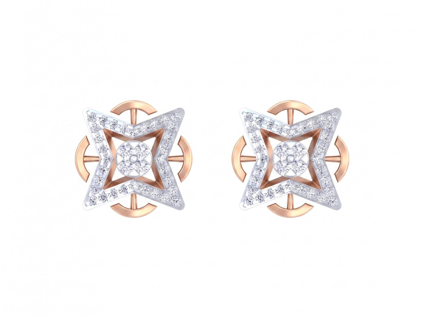Rose gold and diamond stud earrings with star-shaped on a white background.