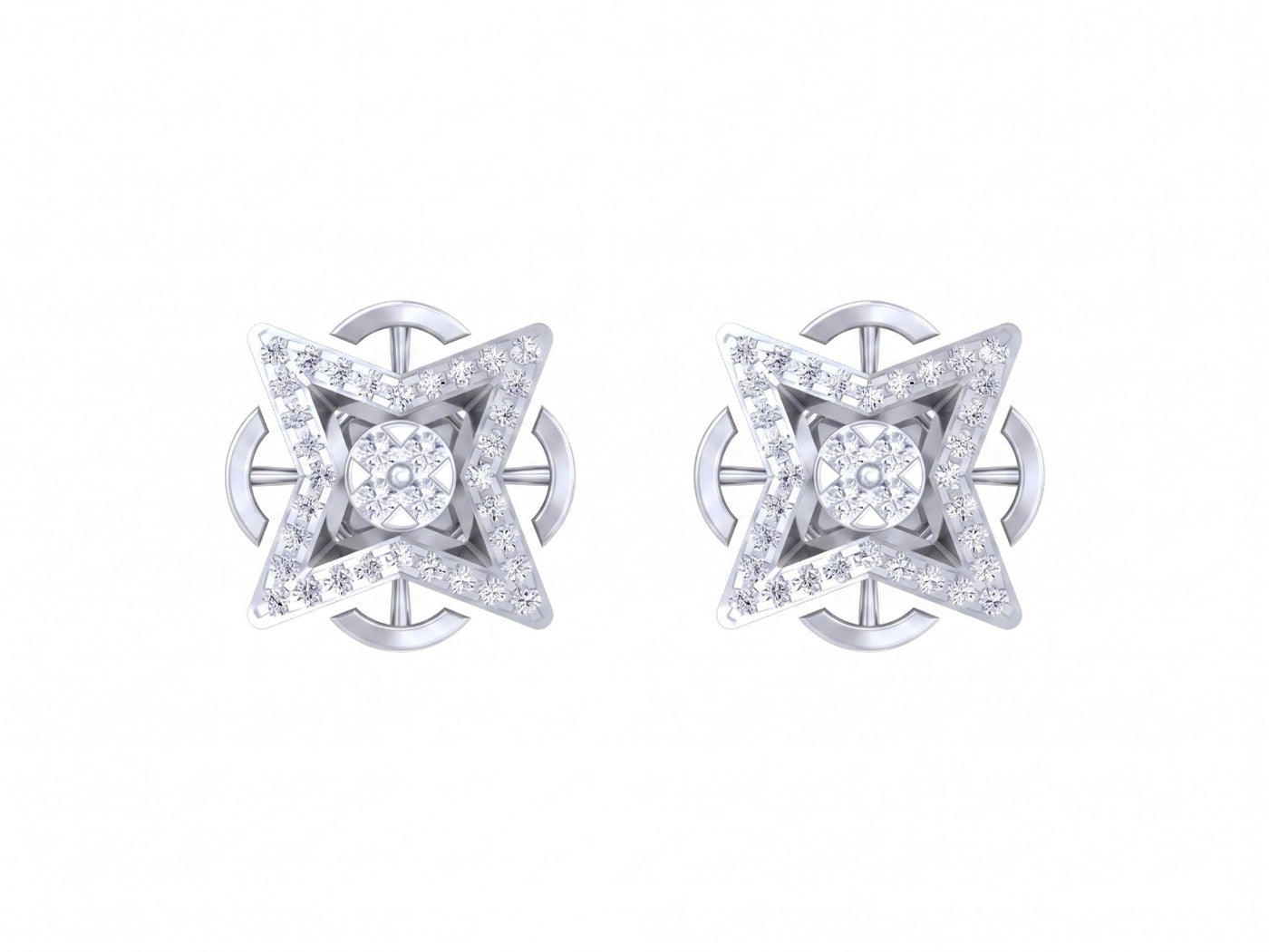 White gold and diamond stud earrings with star-shaped on a white background.