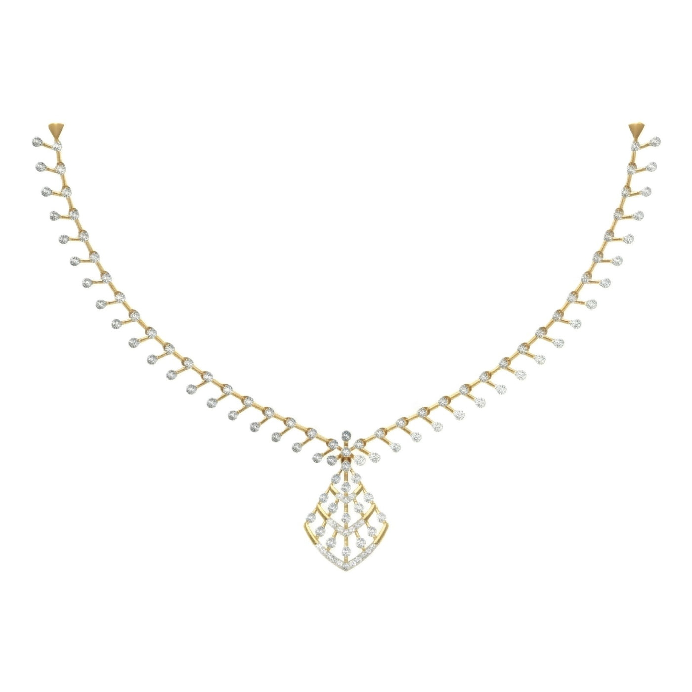 A yellow gold and diamond necklace featuring a central teardrop-shaped, shown against a plain white background.