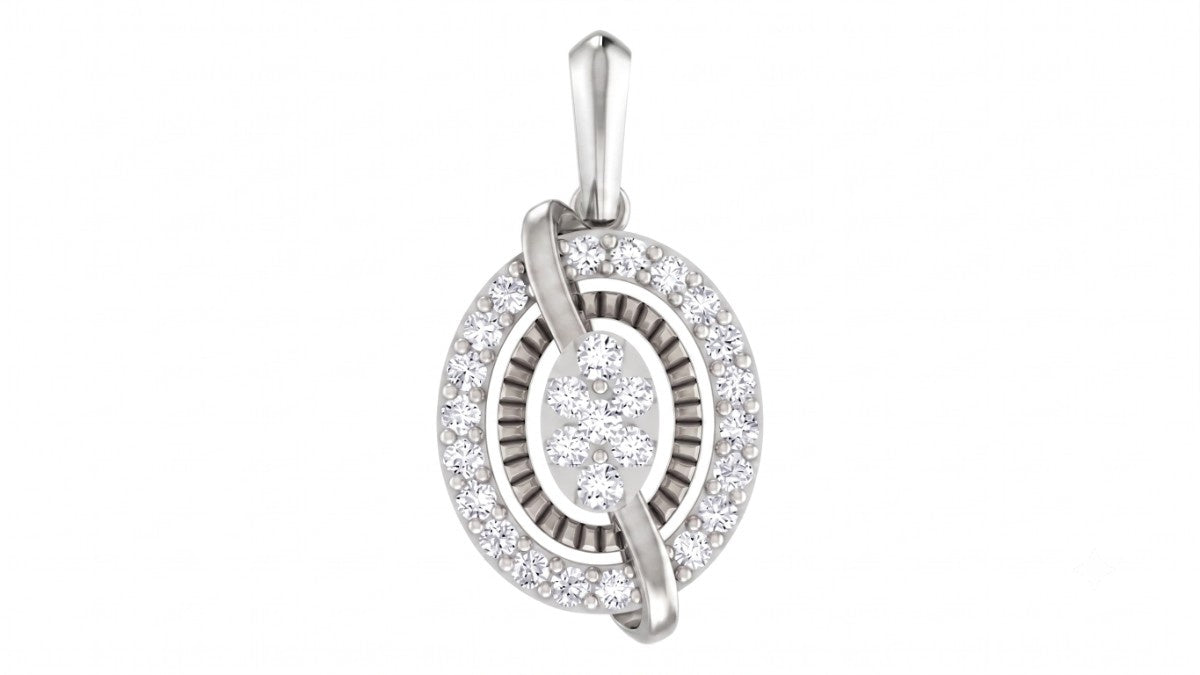 White gold and diamond pendant with circular design on a white background