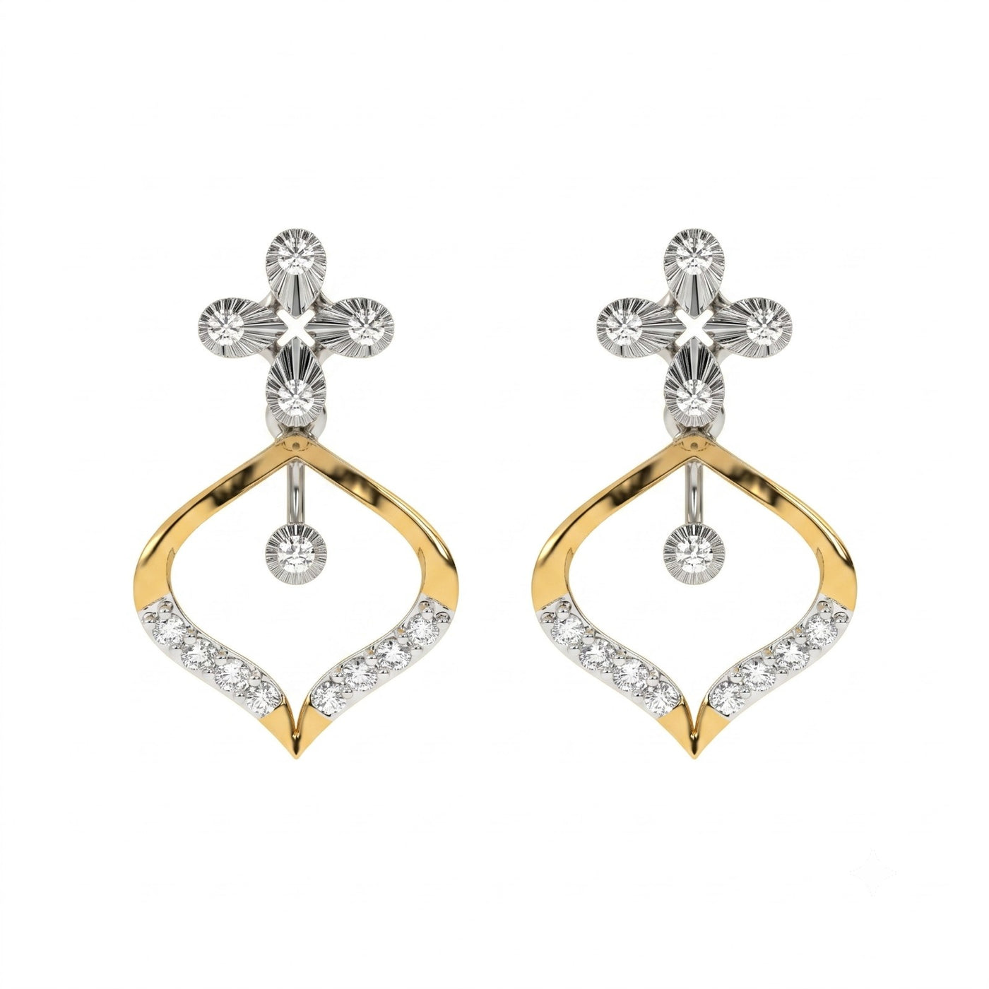 Yellow gold and diamond drop earrings on a white background