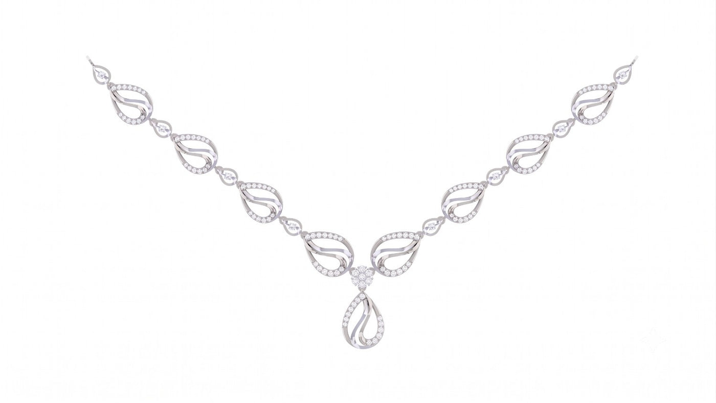 A delicate white gold and diamond necklace featuring a teardrop-shaped loops, set against a plain white background.