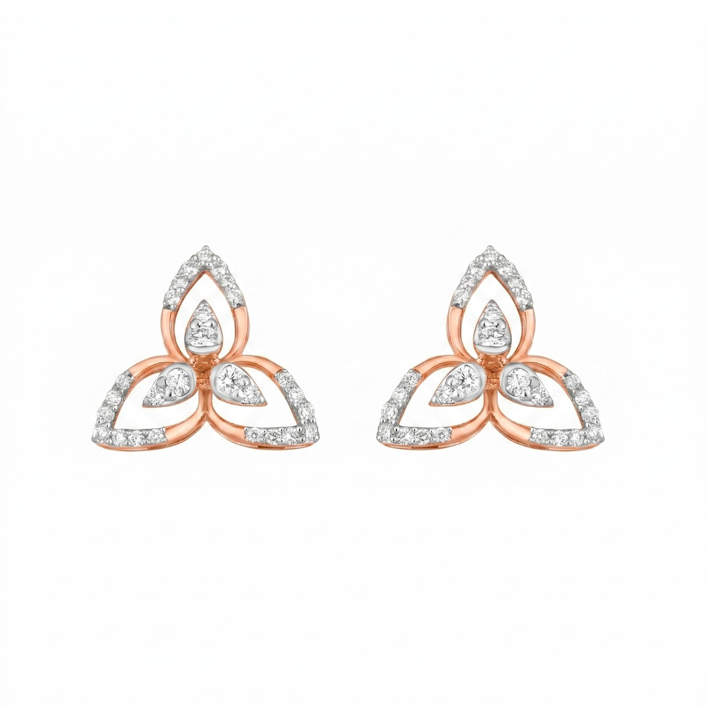 Pair of rose gold and diamond earrings on a white background

