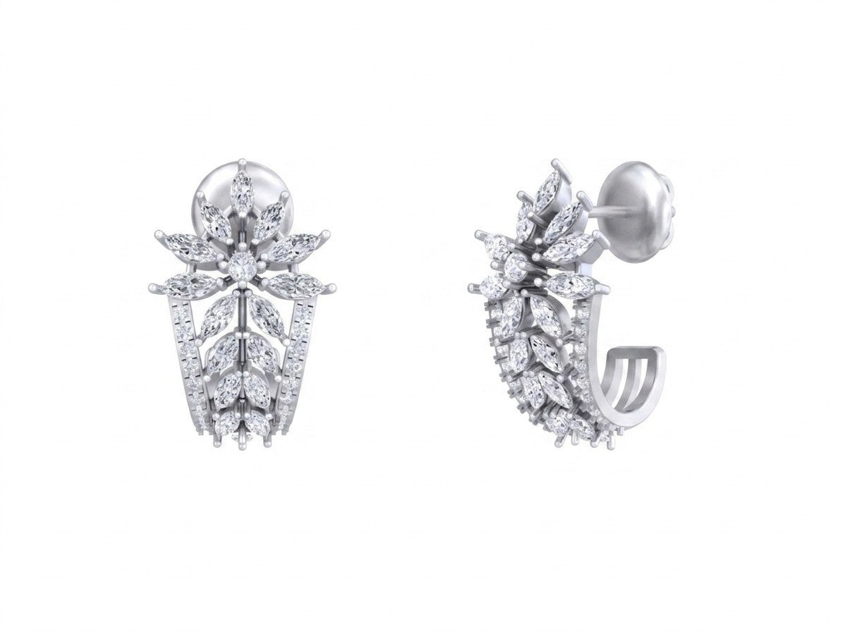 Gold & diamond floral women half hoop earrings in white gold with marquise diamonds on a white background.